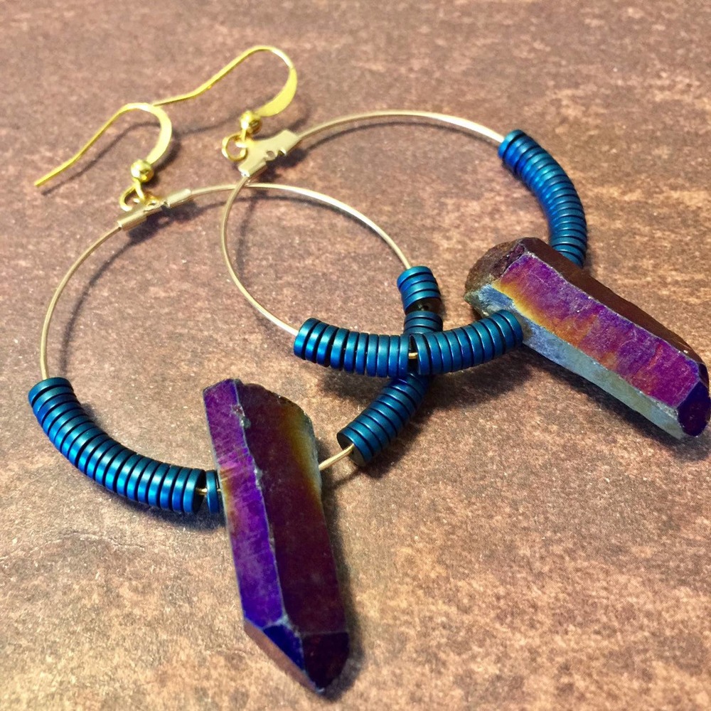 Handmade cobalt blue and purple hoop earrings